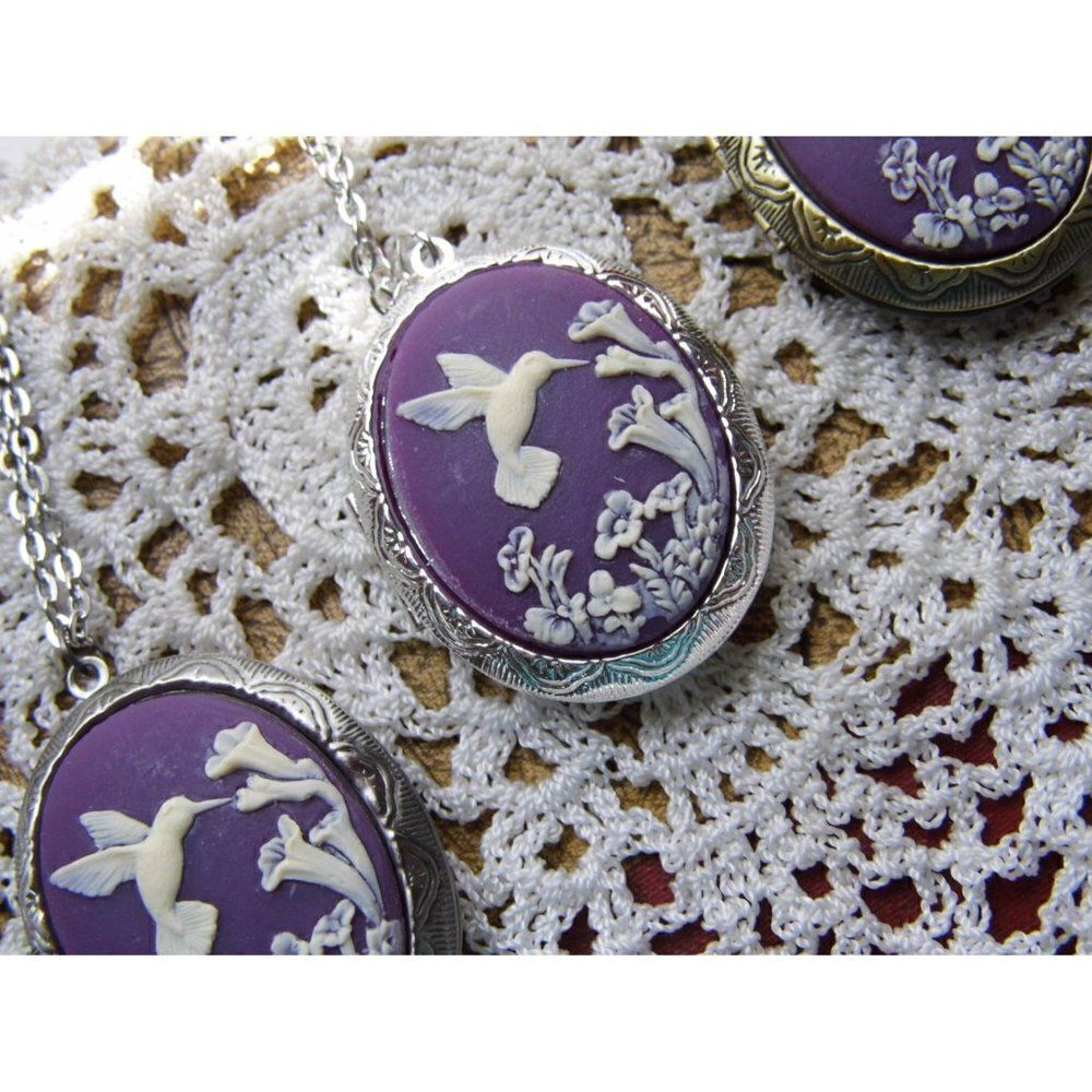 Hummingbird Morning Glories Locket Purple & Ant White Georgian Victorian Cameo